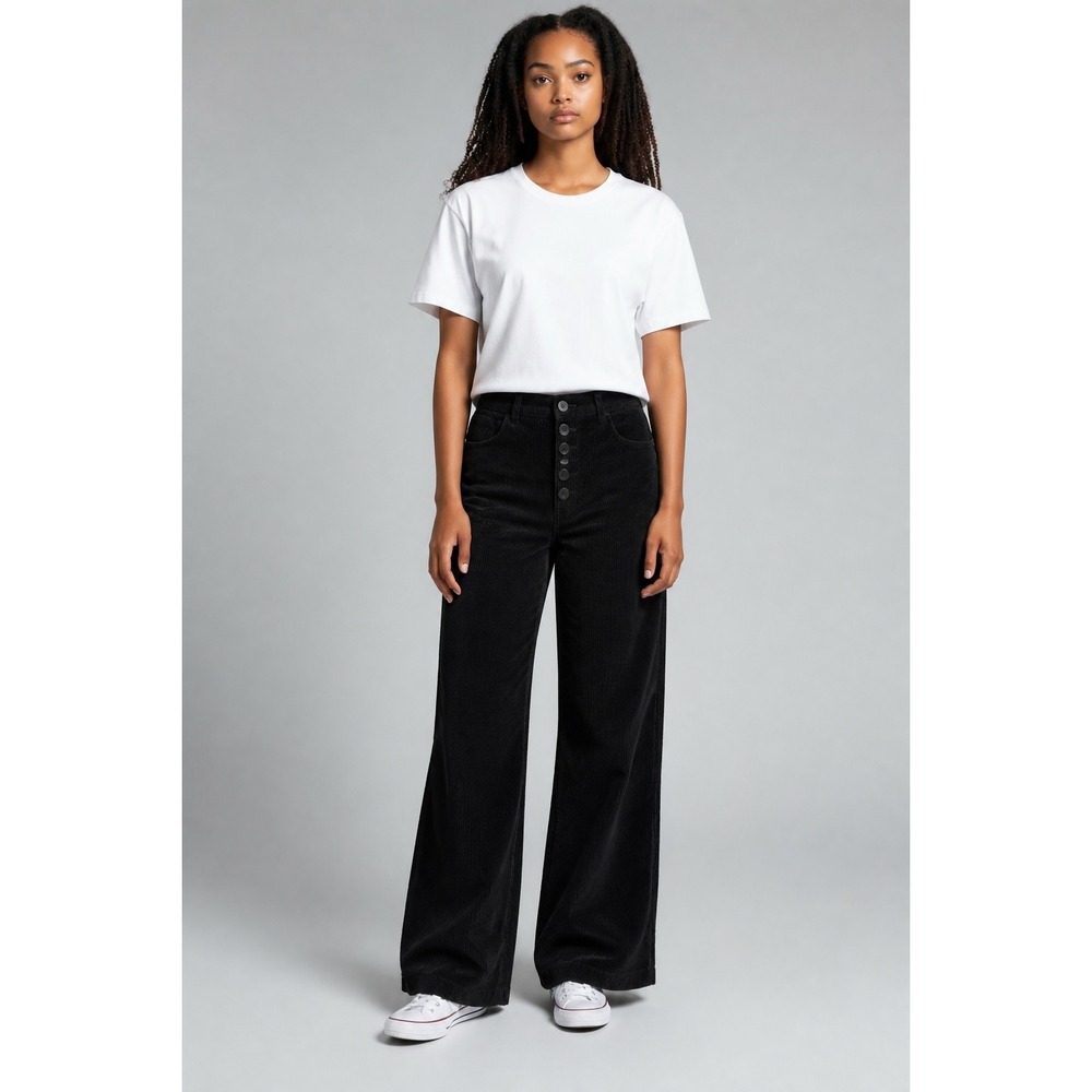 Massimo Dutti Black Corduroy Wide Leg Pants Button Fly High Rise Womens 6 38 28‎